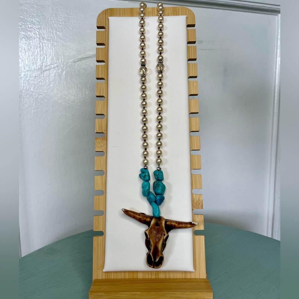 Turquoise and Brown Beaded Necklace with Bull Pendant